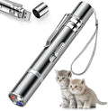 Silver aluminium alloy cat laser pointer wand showing pattern selection dial and USB charging port