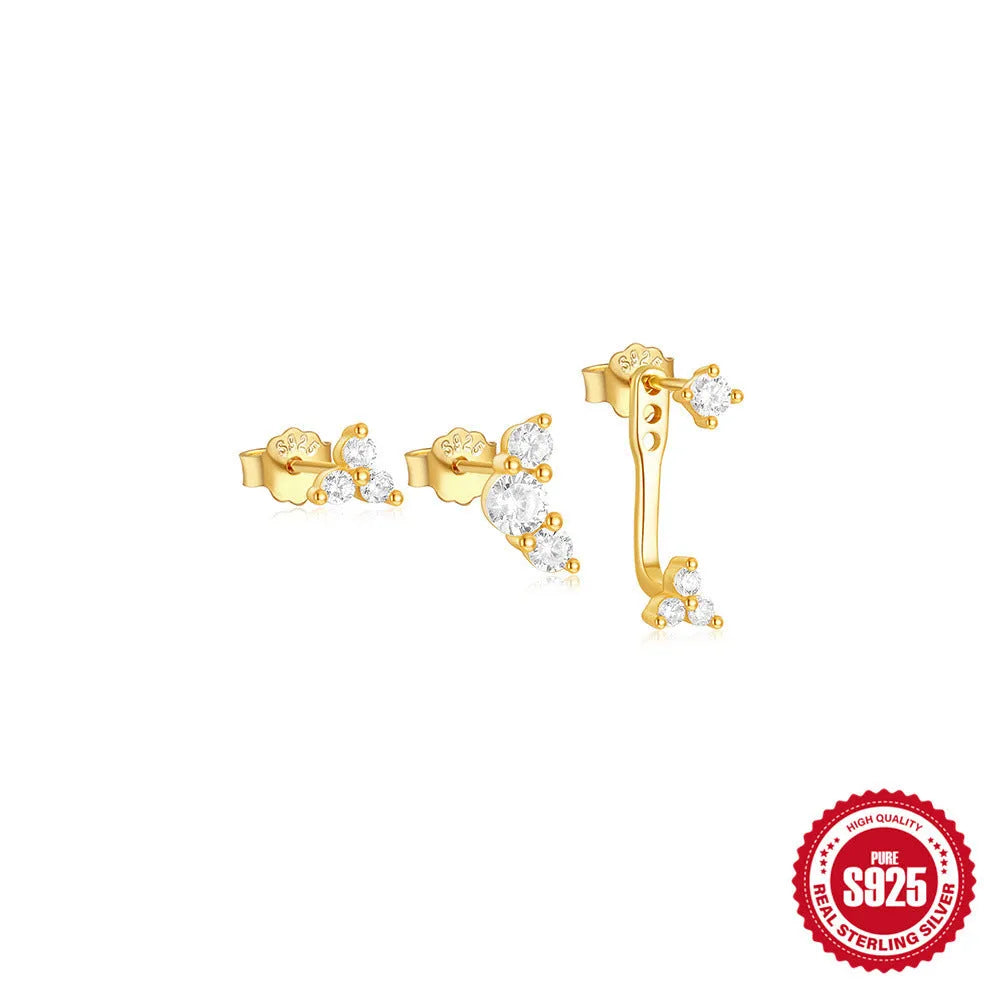 Three pairs of geometric zircon tassel earrings in sterling silver with gold tone variations