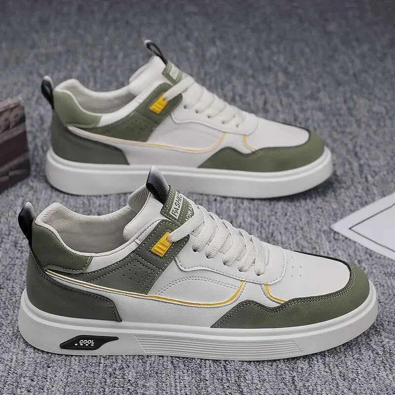 Men's low-top canvas board shoes in beige with leather stitching detail