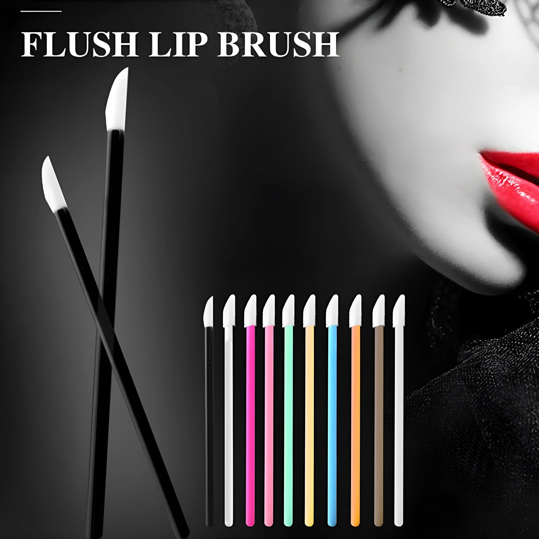 Pack of disposable lip brush wands with flocked brush tips and coloured handles.