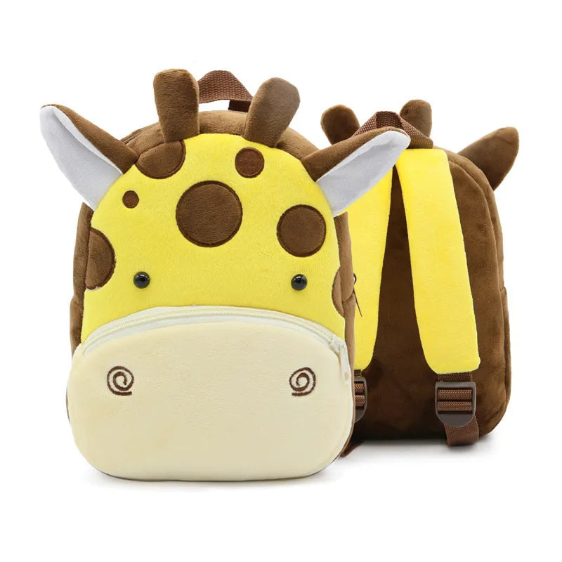 Plush children's backpack with animal design showing soft texture and zipper opening