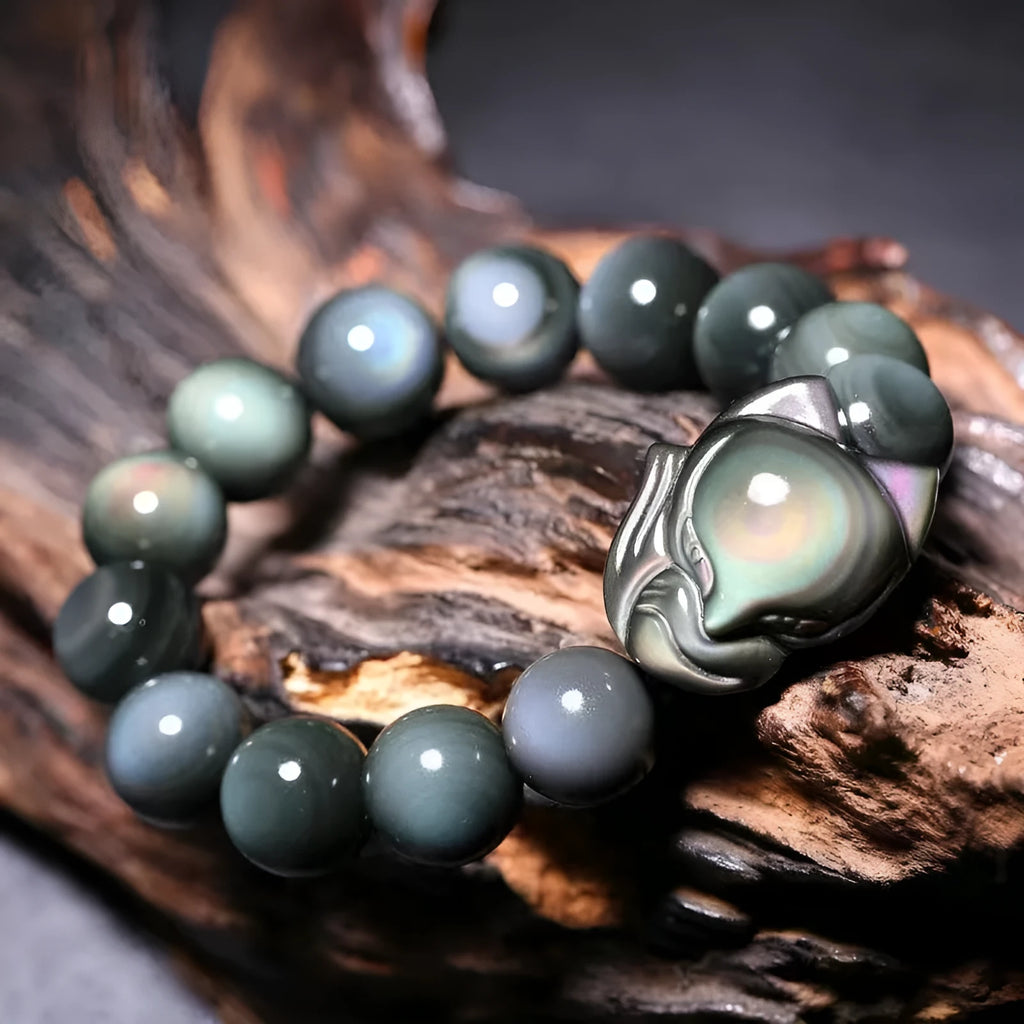 Obsidian fox carved bracelet unisex natural stone beads 10MM to 16MM