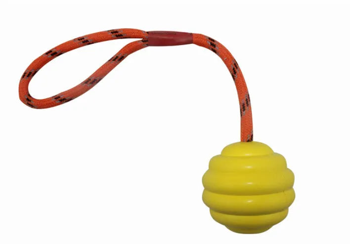 Rubber pet toy ball with rope knots in multiple colours for canine dental cleaning and training