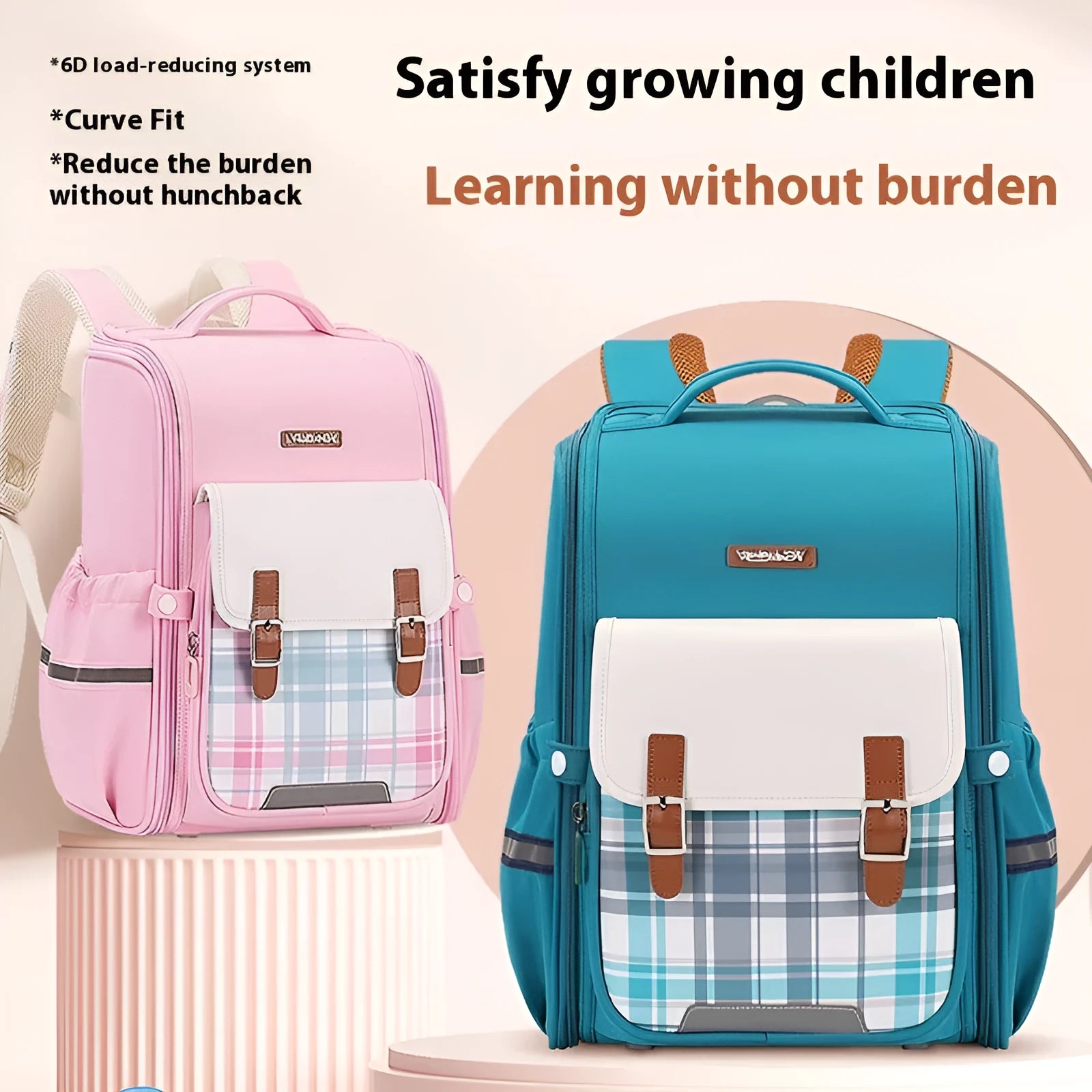 Oxford cloth school backpack for grades 5-6 students in beige colour.