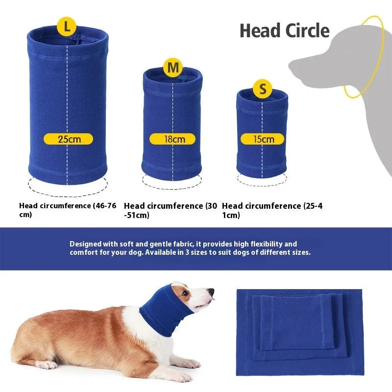 Blue adjustable polyester dog headband scarf tied around a dog's head.