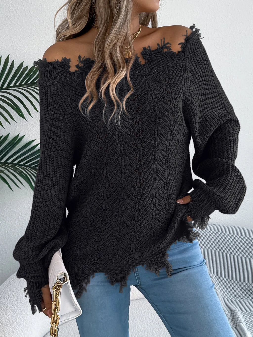 Hollow-out long-sleeved cut off-the-shoulder pullover sweater in artificial wool knit fabric