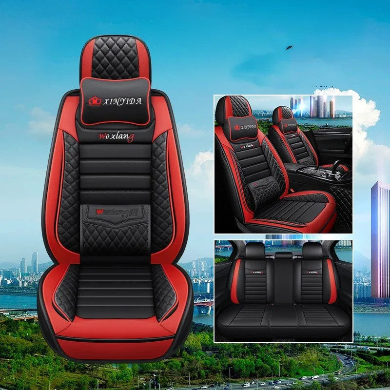 Leather car seat cushion with high elastic sponge filling in red, green, or brown colours.
