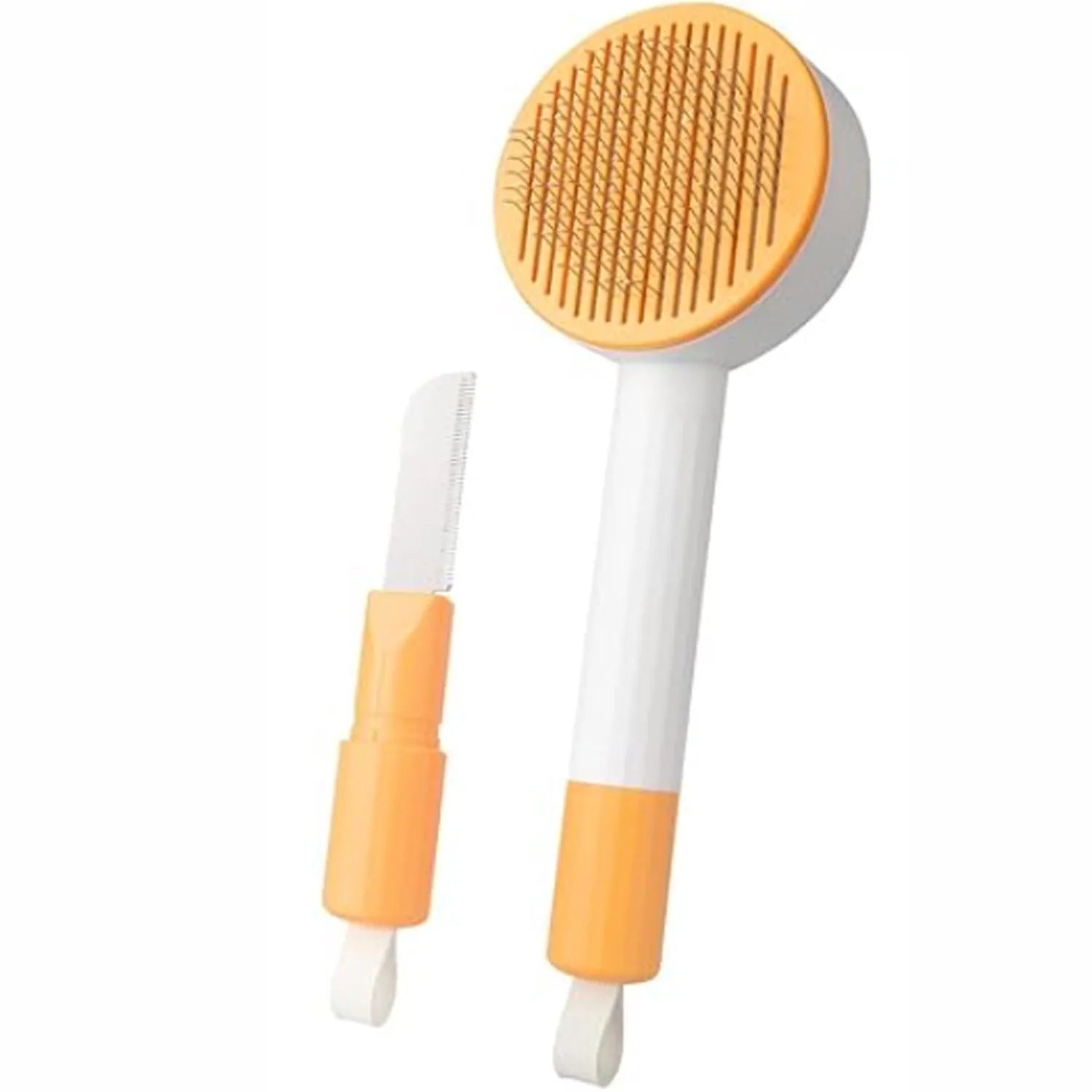 Green and yellow pet grooming brush with stainless steel teeth and hanging loop