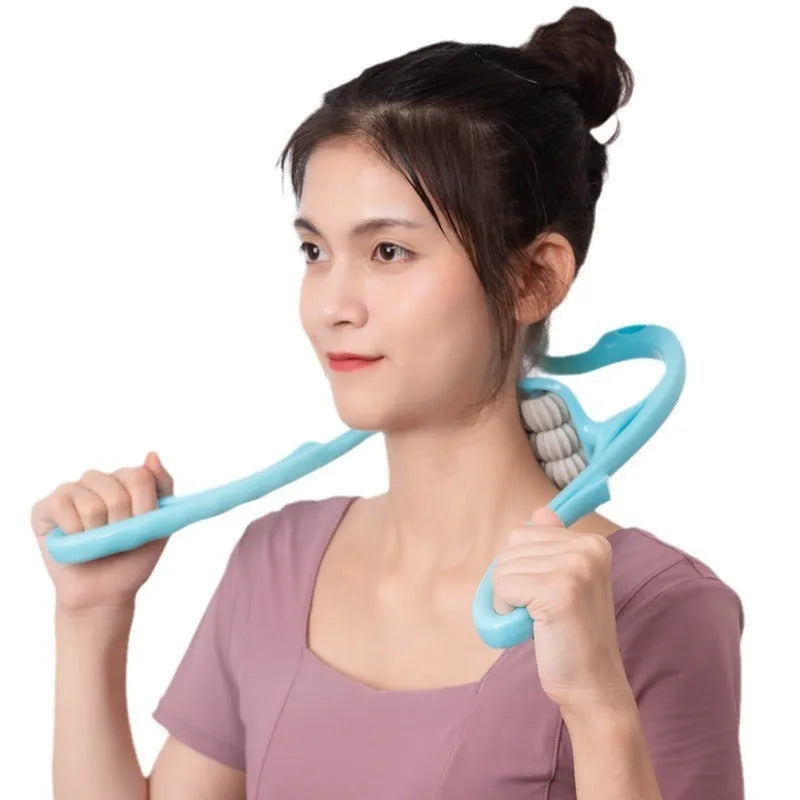 Blue plastic six-wheel neck and shoulder massager with adjustable rollers