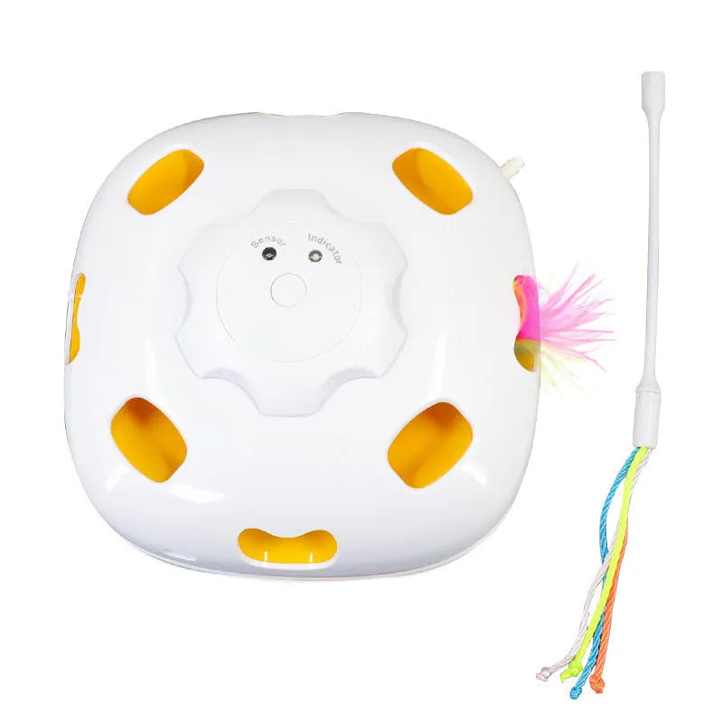 Plastic self-hitting cat teaser toy showing picture colour design and automatic mechanism