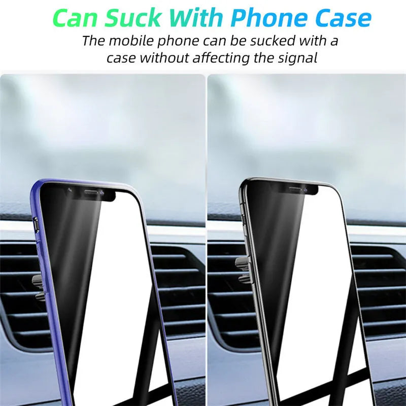Black universal magnetic car phone holder clipped to a car air vent, holding a smartphone.