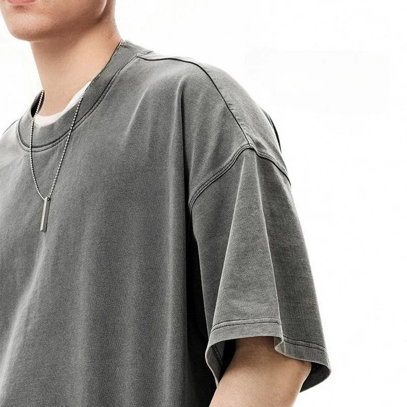 Men's loose fit cotton T-shirt in khaki colour with vintage wash texture and drop-shoulder sleeves