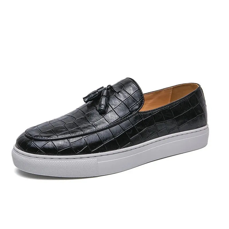 Men's black artificial leather sneakers with tassel detail on round toe, shown on size chart 38-47