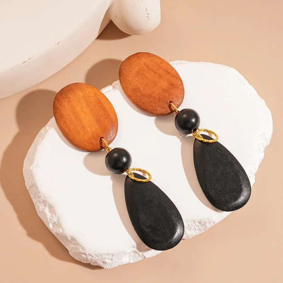 Handmade wooden retro earrings with ellipse design in silver needle-brown-black colours