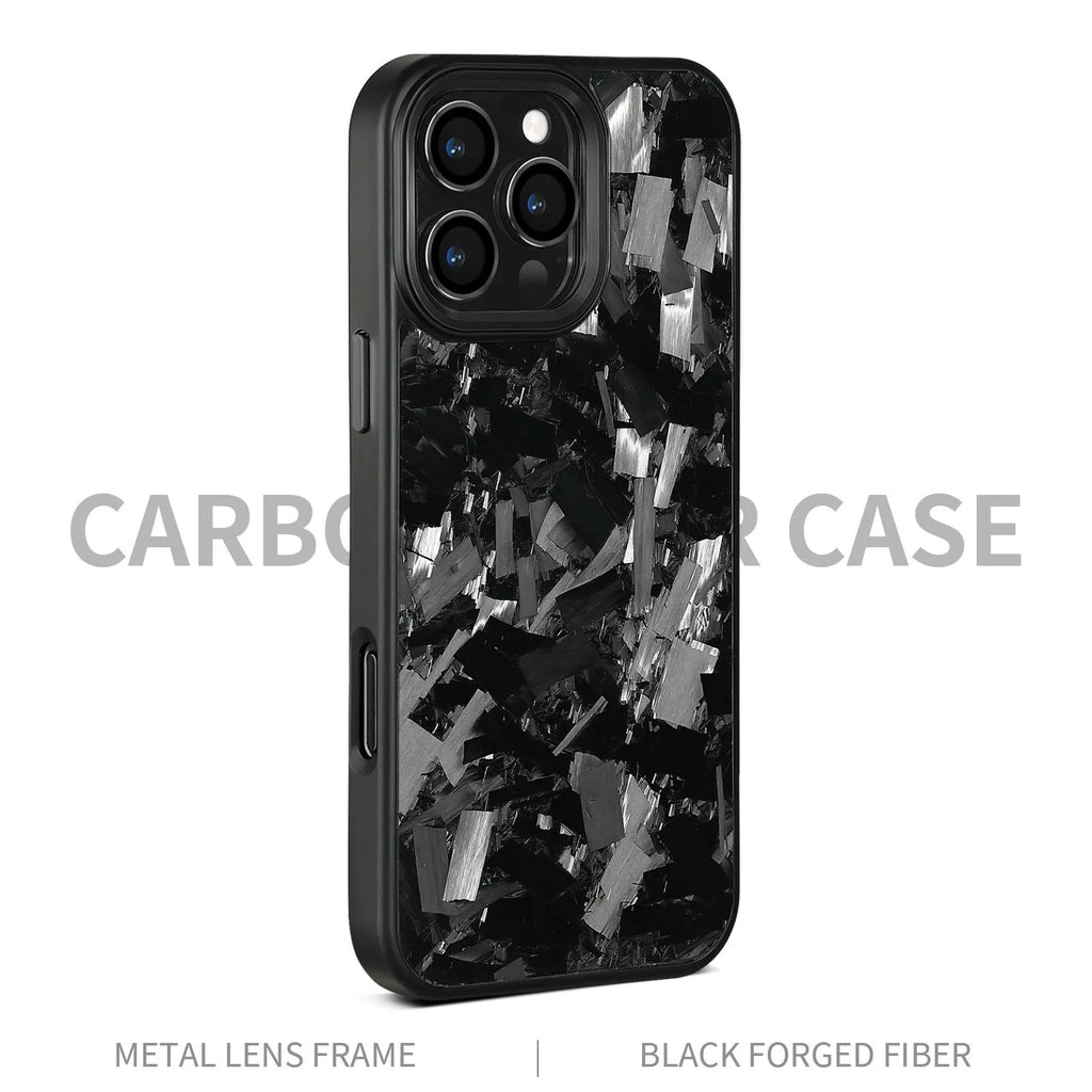 Metal frame carbon fibre phone case with forged pattern and magnetic attachment for iPhone 17
