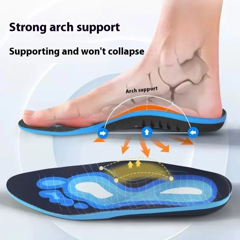 Blue and green flat foot correction insoles showing instep arch support pads with UK size markings 35-46