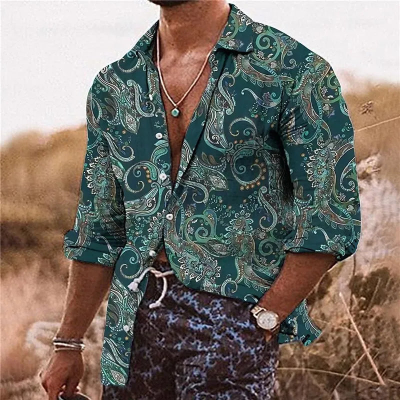 Man wearing a loose-fit long sleeve shirt with a vibrant 3D digital print floral pattern.
