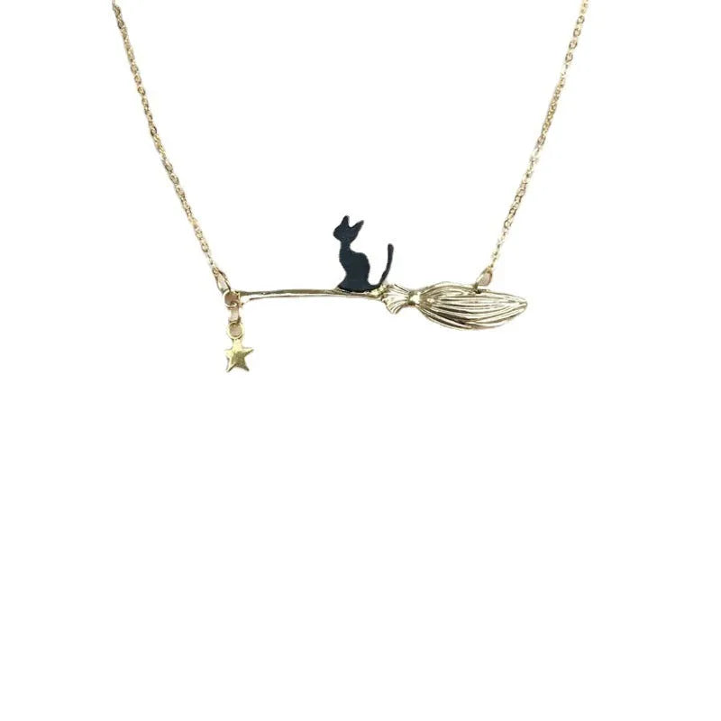 Black cat Halloween pendant necklace in alloy with zodiac styling and gold or silver finish options