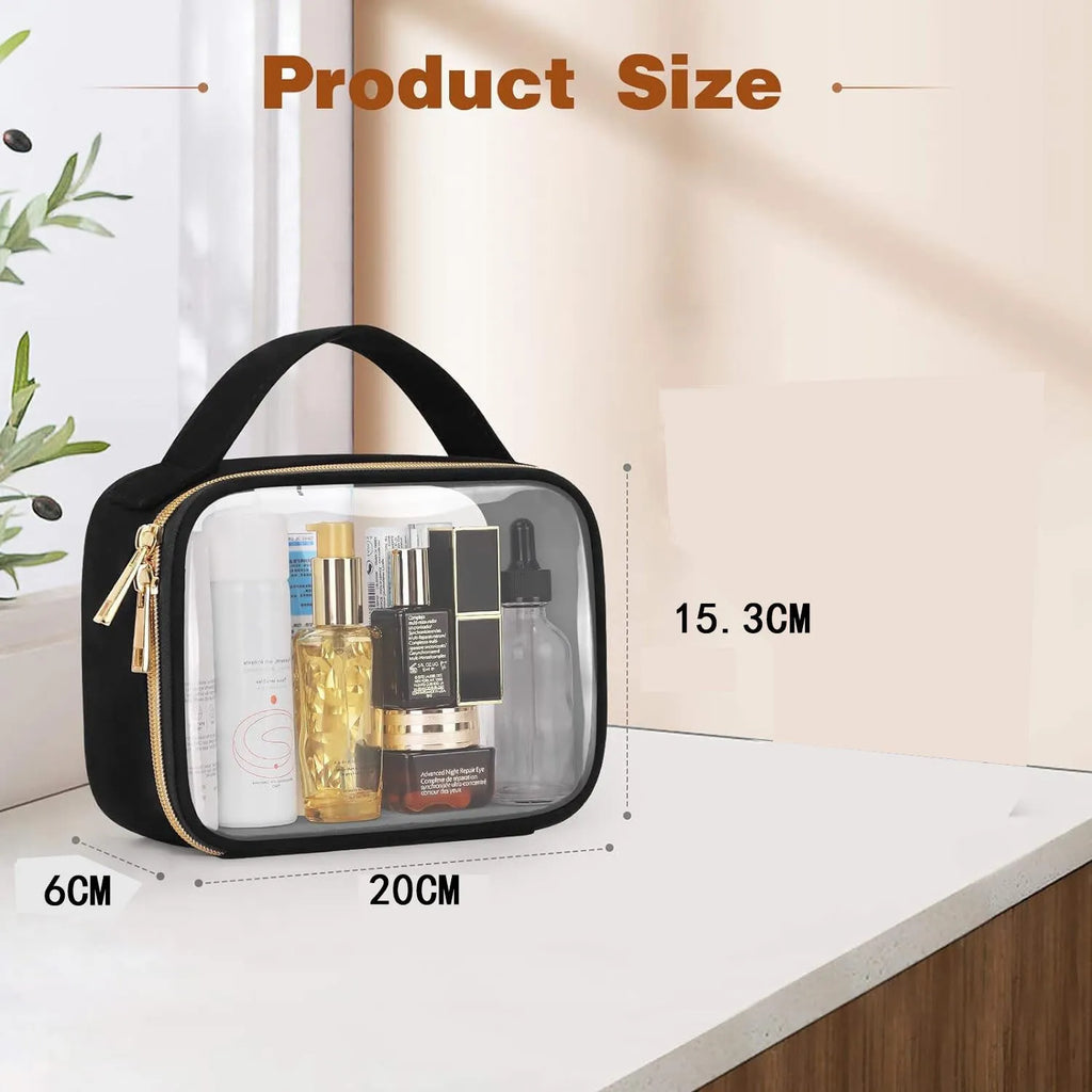 Transparent PVC cosmetics wash bag with chain in multiple colour options on a white background.