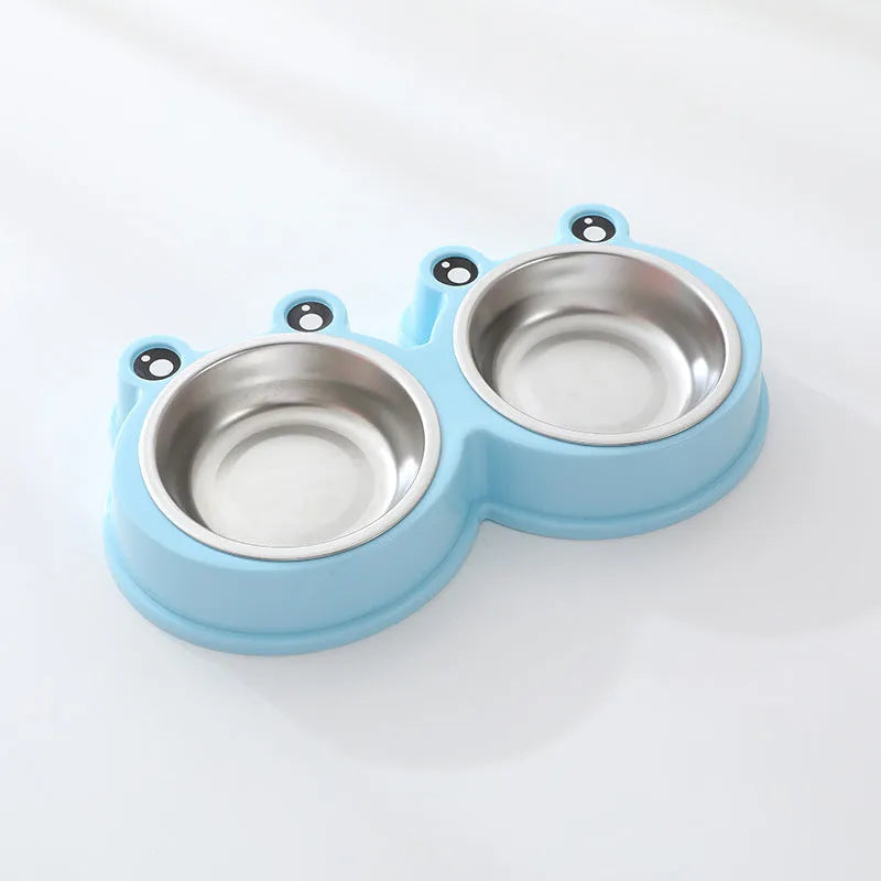 Stainless steel double pet bowl set with anti-slip frog base in blue, for cat or dog food and water.