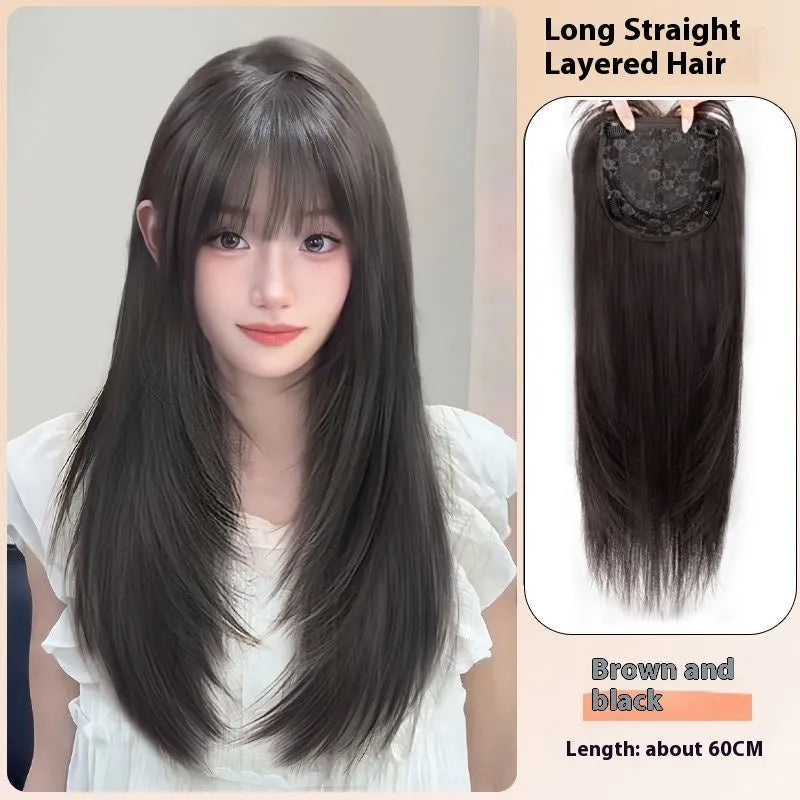 Black long straight layered synthetic hair wig with wear-free full-head hair net construction