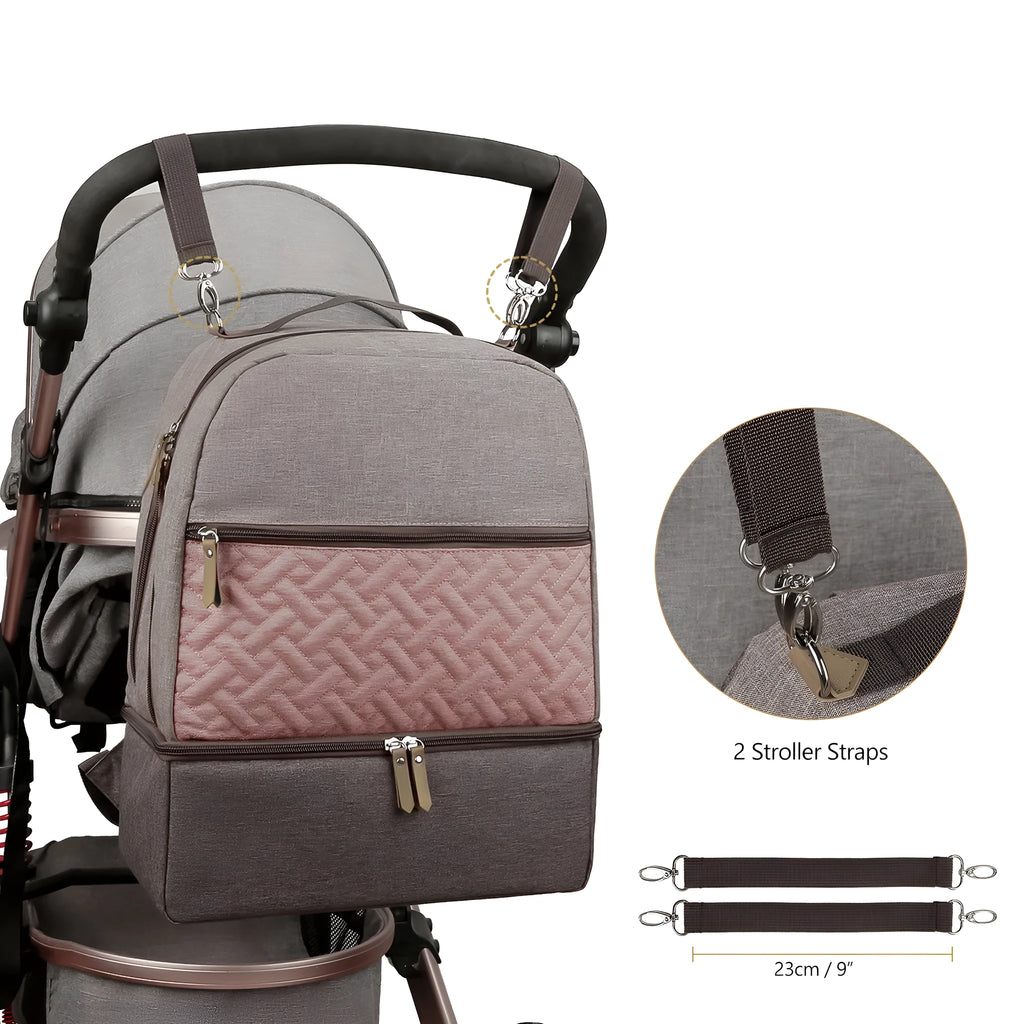 Grey insulated mother and child travel backpack with curved straps and multiple compartments.