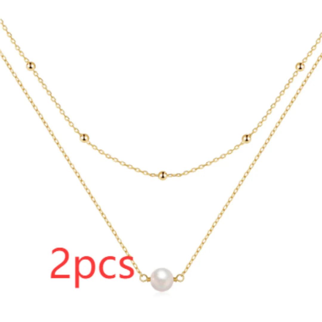 S925 sterling silver women's double layer pearl necklace with ball bead chain in gold colour