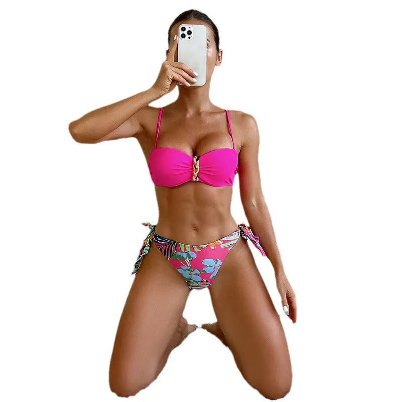 Rose red women's bikini swimsuit with braid rope detailing on polyester fabric