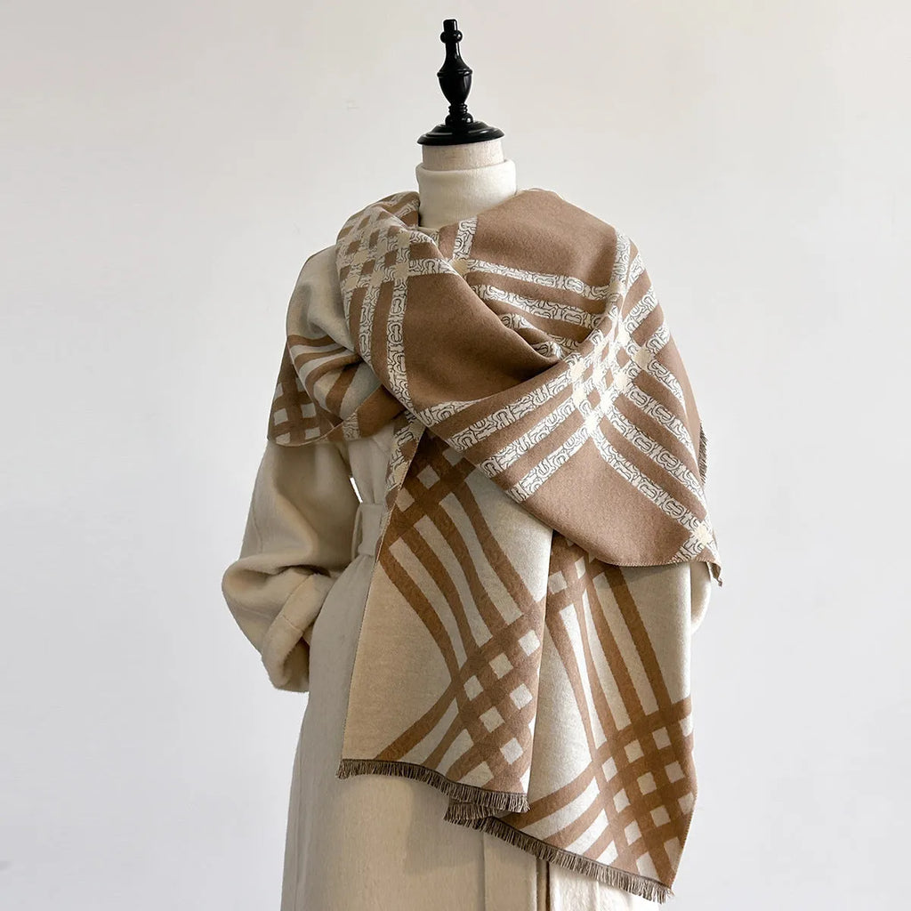 Long brown imitation cashmere scarf with tassel ends laid flat showing 185cm length