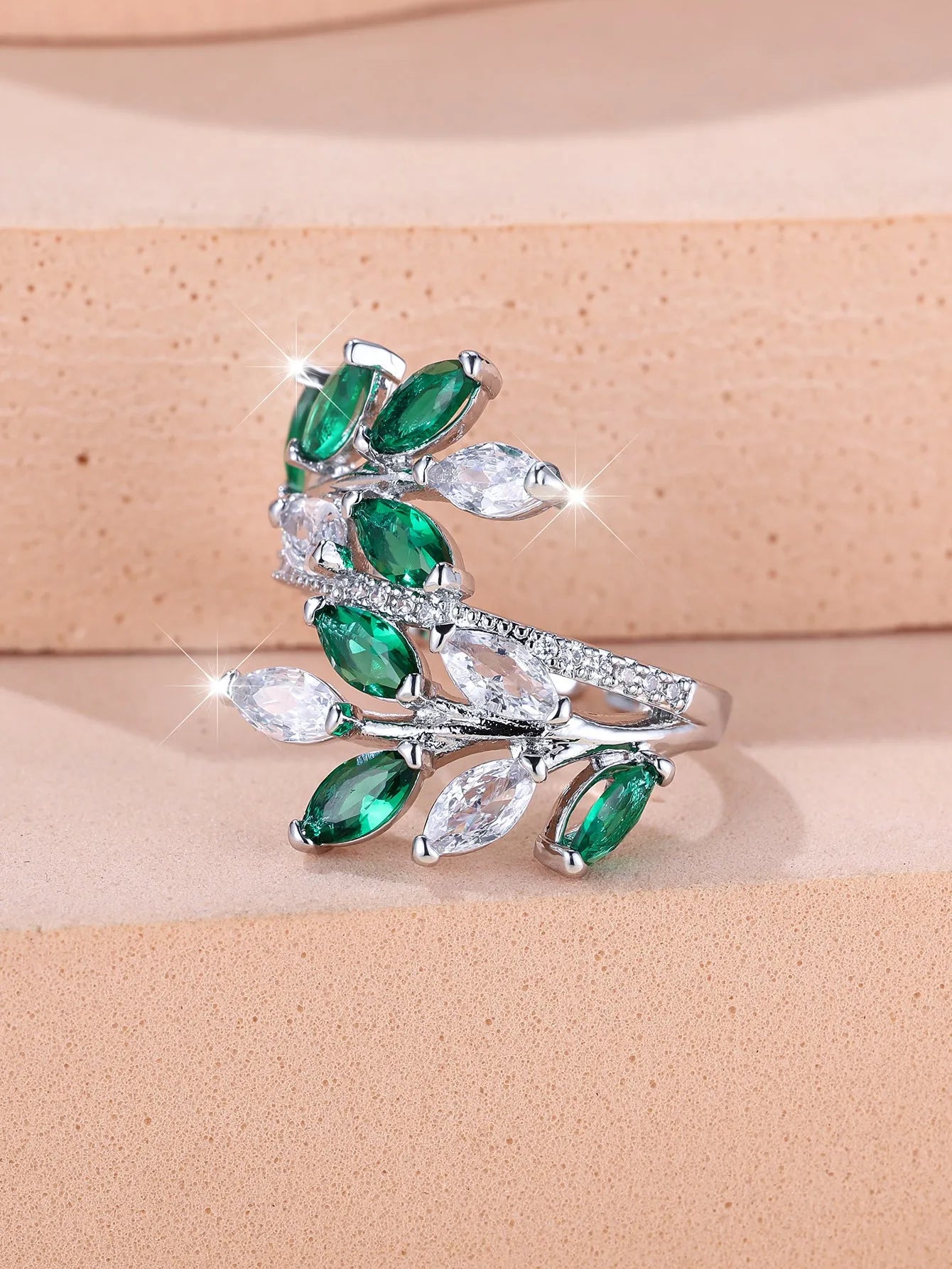 Adjustable copper ring with horse eye zircon stone and leaf design in multiple colour finishes