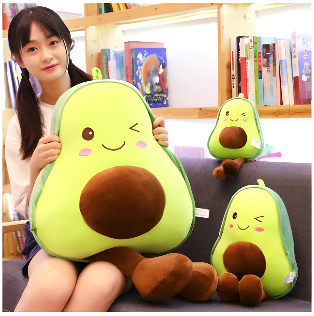 Green avocado plush toy with super soft short plush fabric and PP cotton filling on a plain background