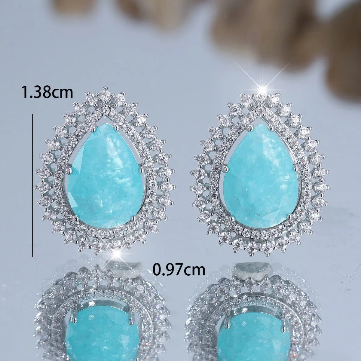 Heart shaped copper electroplated earrings with water drop ice flower design in platinum ice flower diamond finish for women
