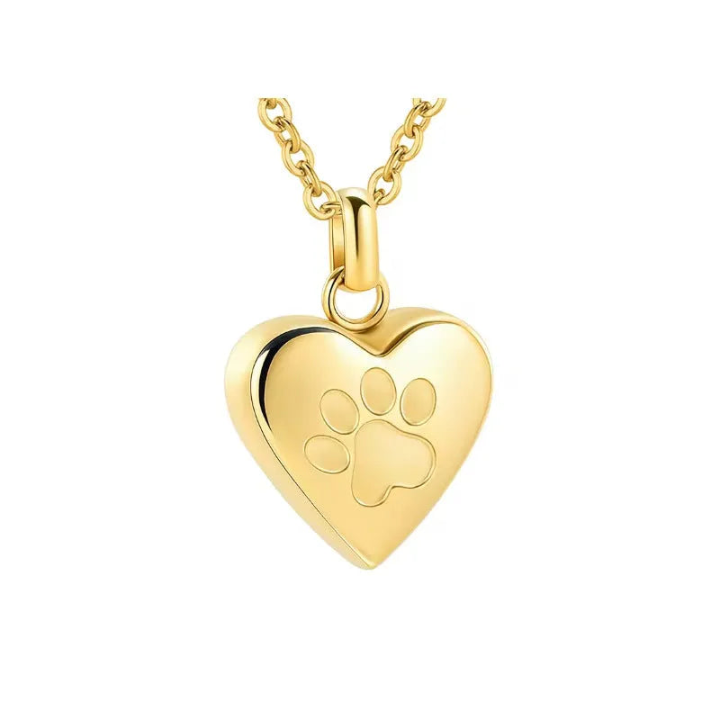 Titanium steel heart pendant casket necklace with love paw print design that opens for memorial ashes