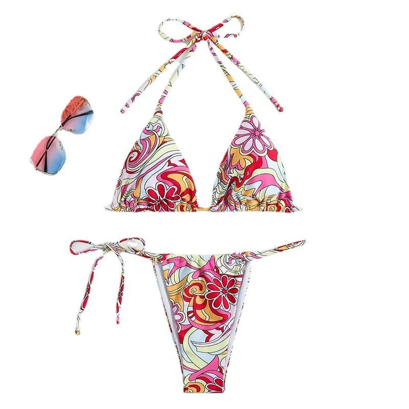 Women's triangle bikini swimsuit with hanging neck design and multicolour print