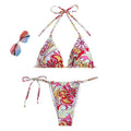 Women's triangle bikini swimsuit with hanging neck design and multicolour print