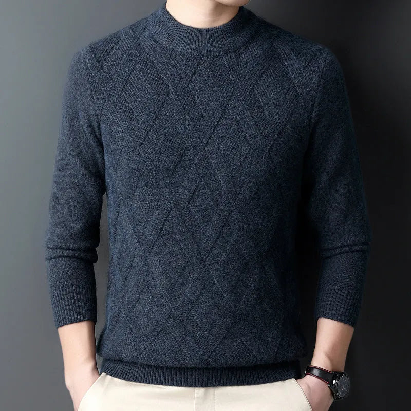 Men's winter thermal wool diamond jacquard pullover sweater shown in light camel colour