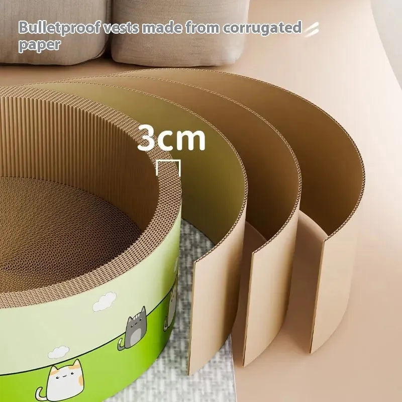 Large round cat scratch board with a deep central pit, made from brown corrugated cardboard.