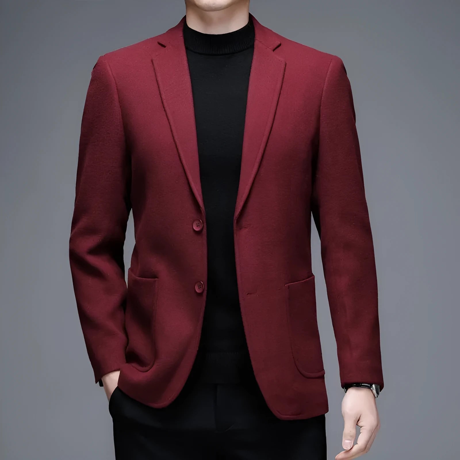 Men's casual woolen suit jacket in solid colour with loose fit and long sleeves