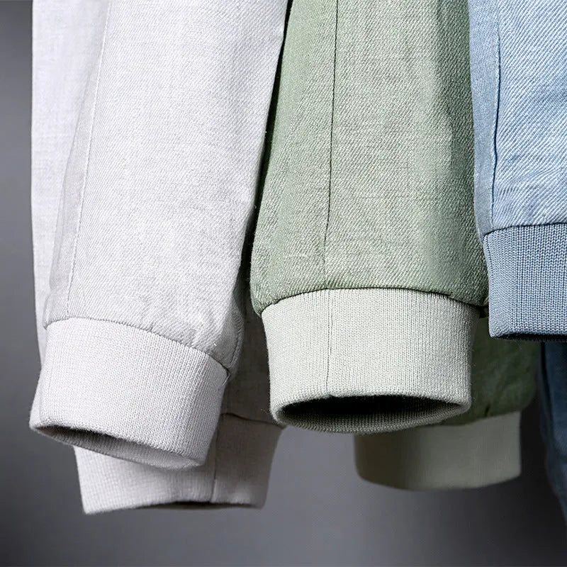 Men's heather grey casual linen jacket on a hanger, showing regular fit and thin cotton fabric.