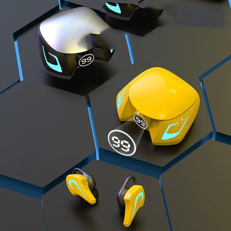 Wireless Bluetooth gaming headset with earplug design in black, dark grey, and yellow colour options