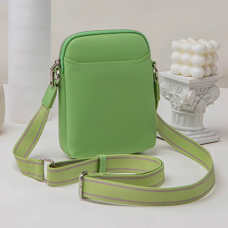 Solid colour mobile phone shoulder bag with crossbody strap in black, beige, khaki or green