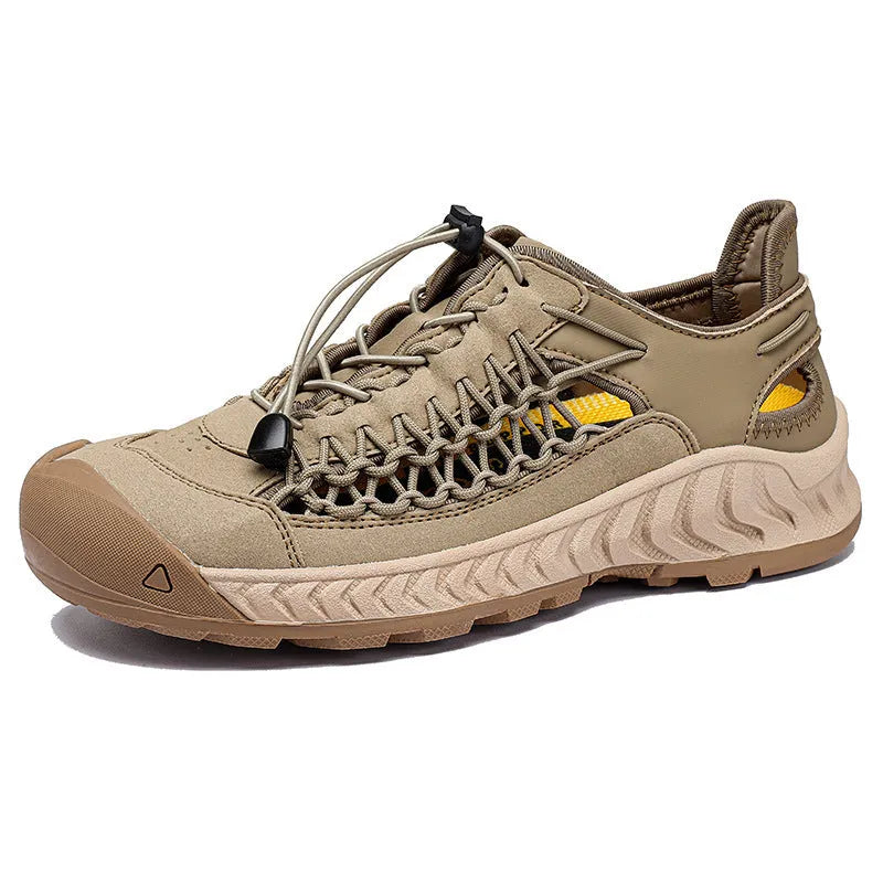 Men's hand-woven sandals with closed toe design, elastic band, and rubber soles in light gray colour