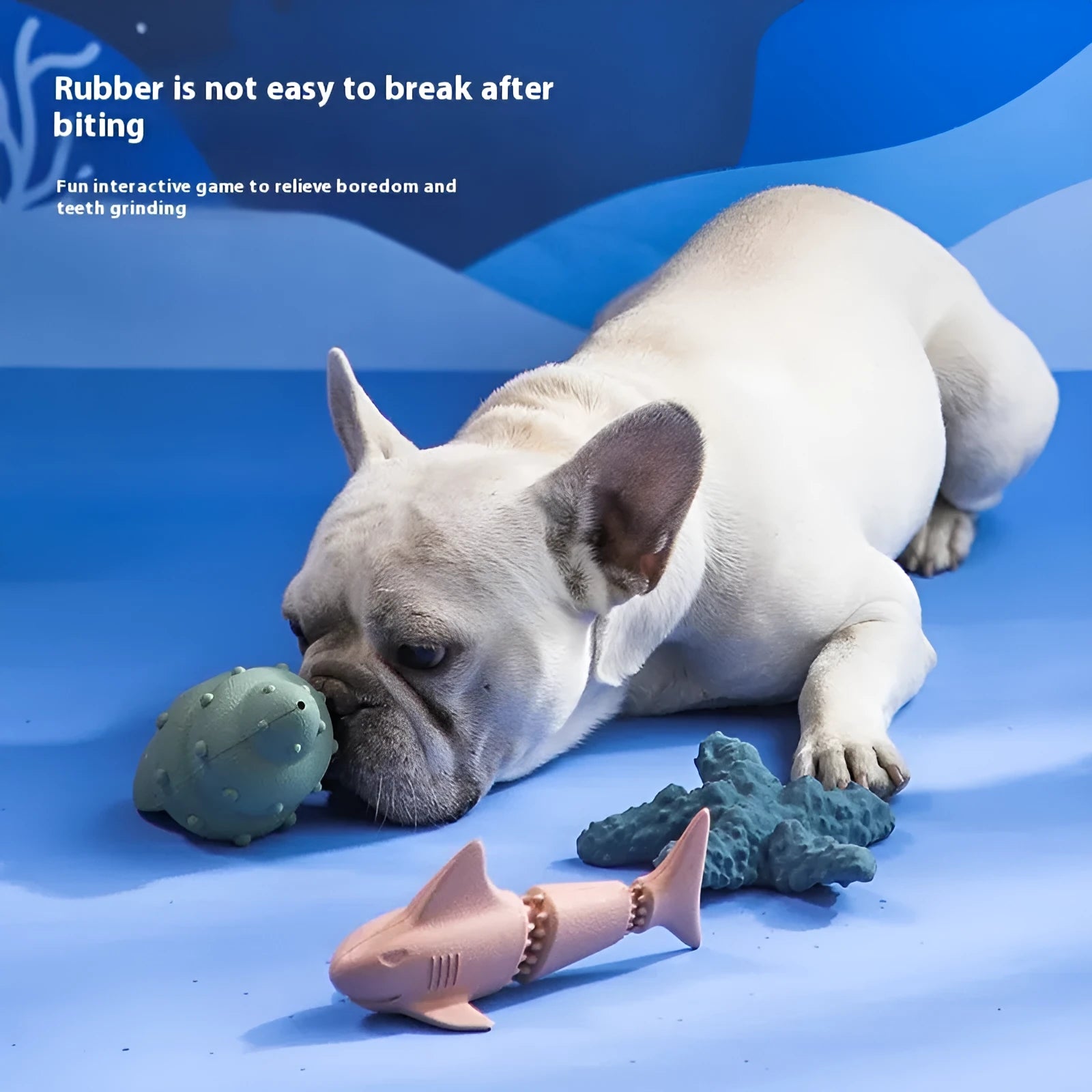 Deep sea shark rubber dog toy for puppies and small dogs in blue and green colour variations