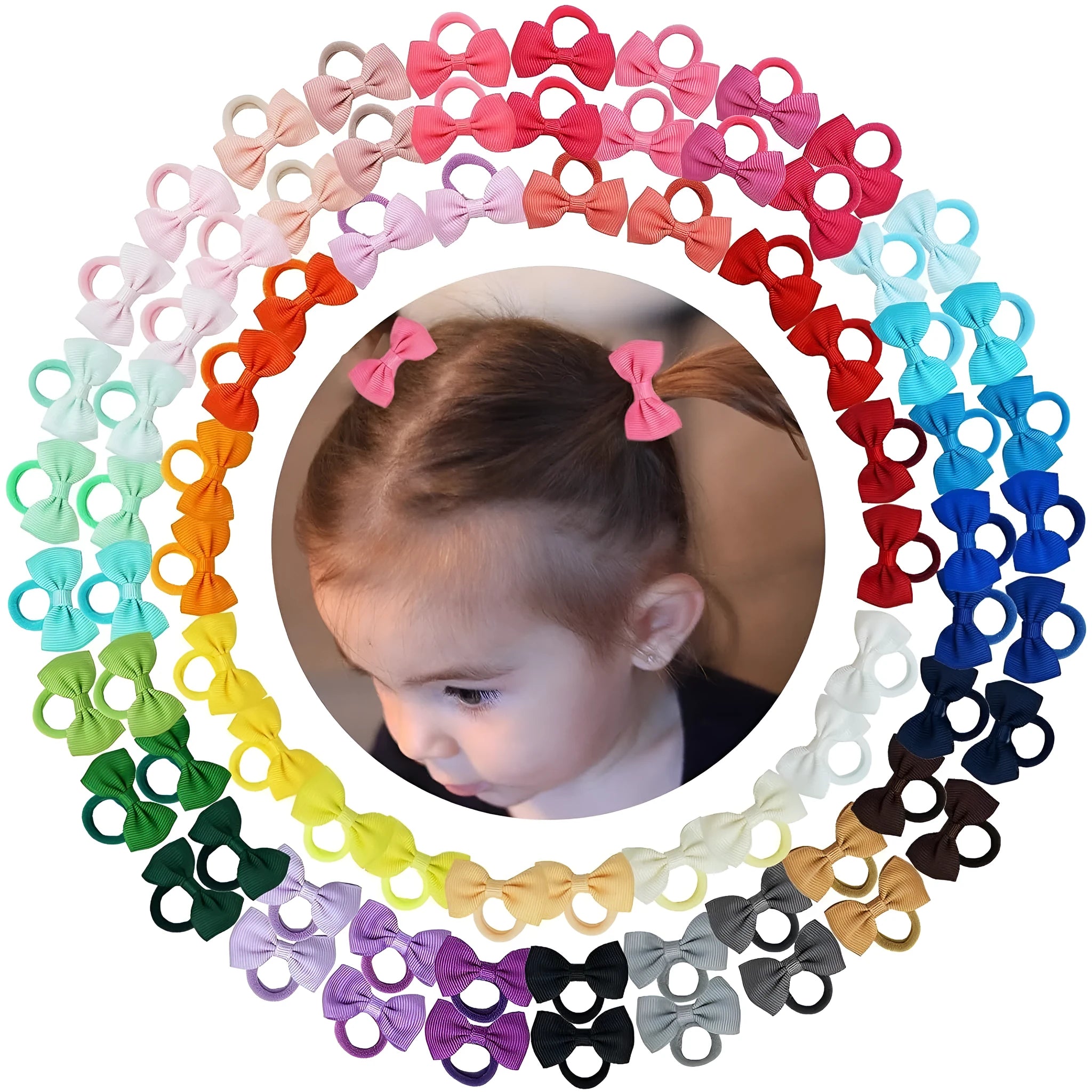 80 multi-coloured tiny hair ties with grosgrain ribbon bows for baby girls and toddlers.