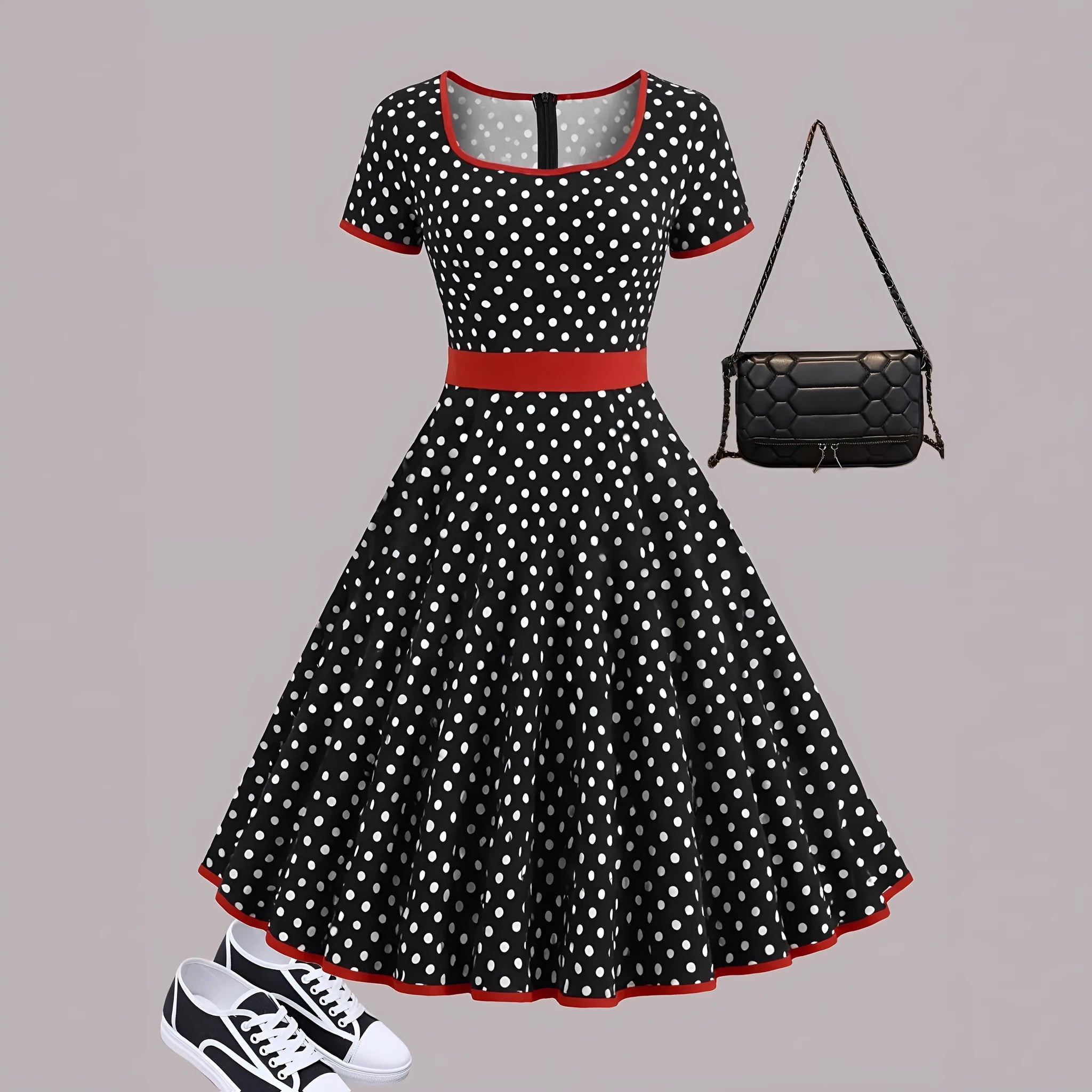 Women's multicolour polka dot midi dress with square collar and front zipper closure