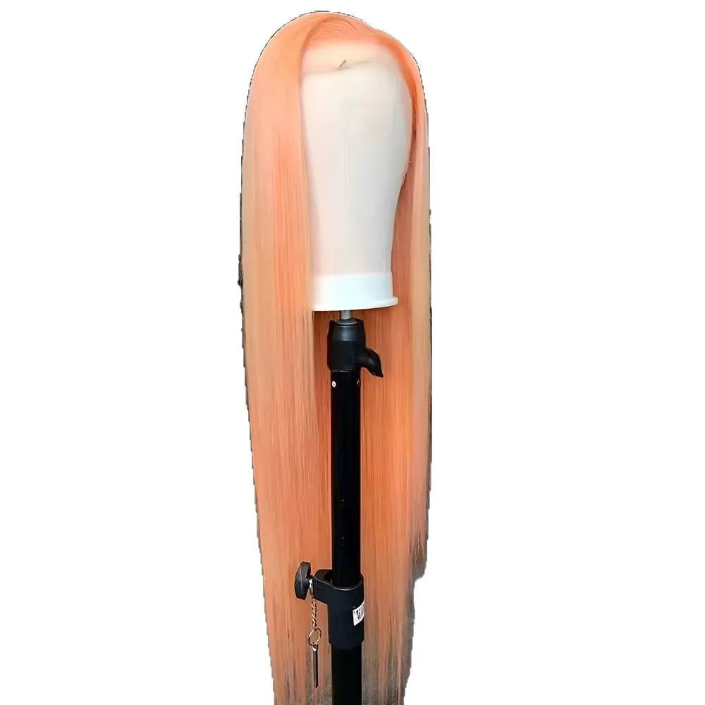 Light orange long straight front lace synthetic wig with side bangs on a mannequin head.