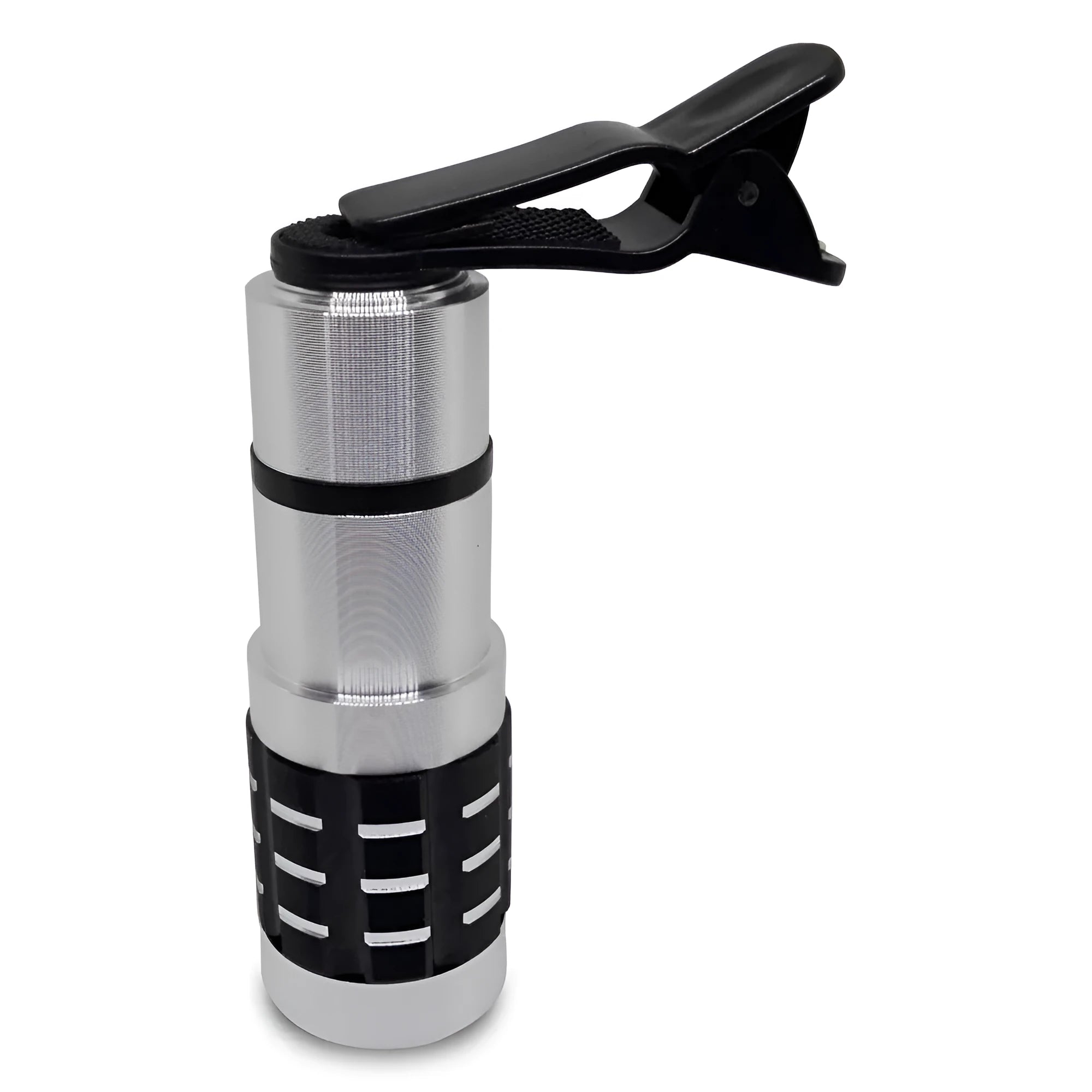 A 12x telescopic zoom lens with a universal clip attached to a mobile phone for long-distance filming.