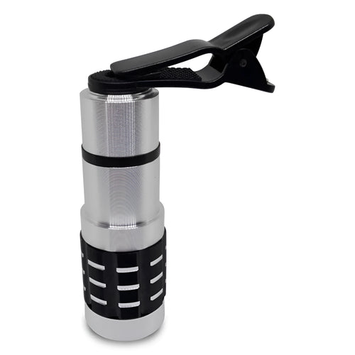 A 12x telescopic zoom lens with a universal clip attached to a mobile phone for long-distance filming.
