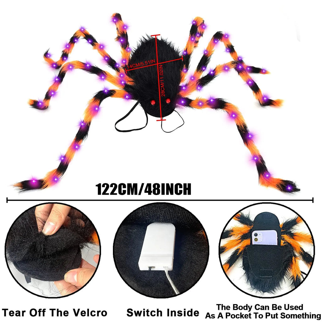 Plush Halloween Spider Backpack with purple LED lights, shown in one of five colour options.