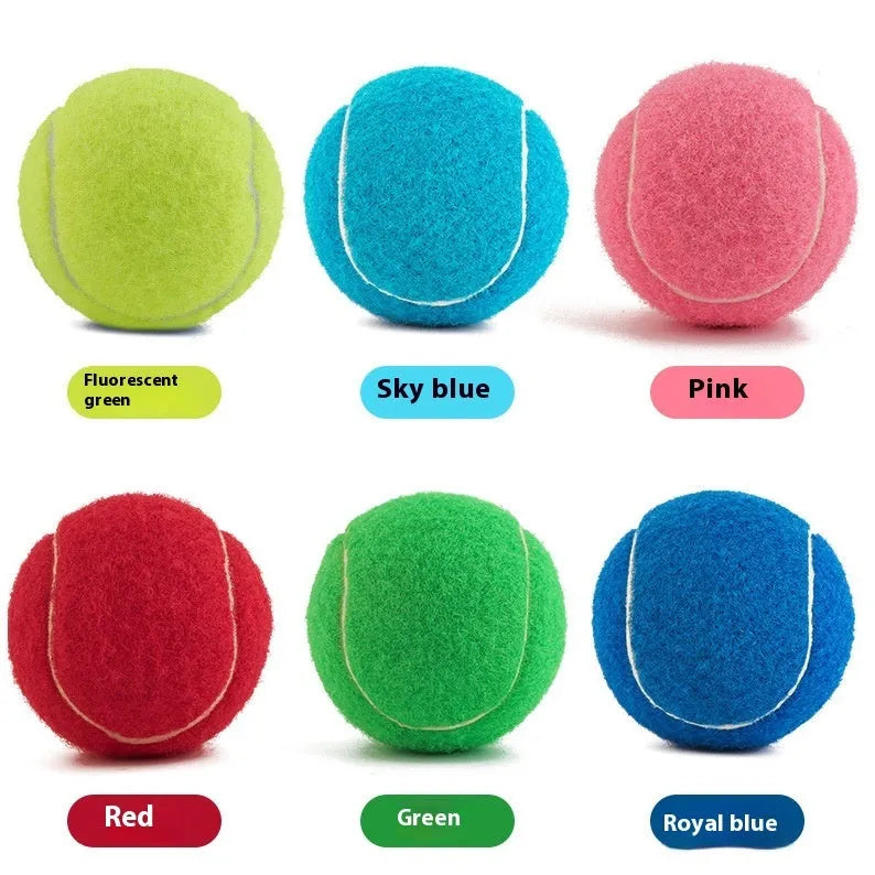 6.3 cm diameter solid rubber dog tennis ball in assorted bright colours on a green lawn.